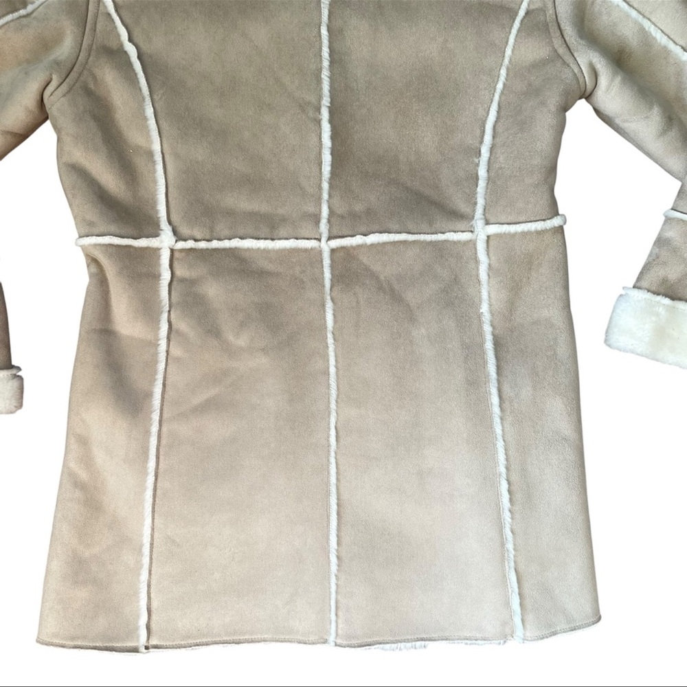 VINTAGE 90s Cream Faux Suede & Fur Hooded Coat Size Large - Picture 12 of 15